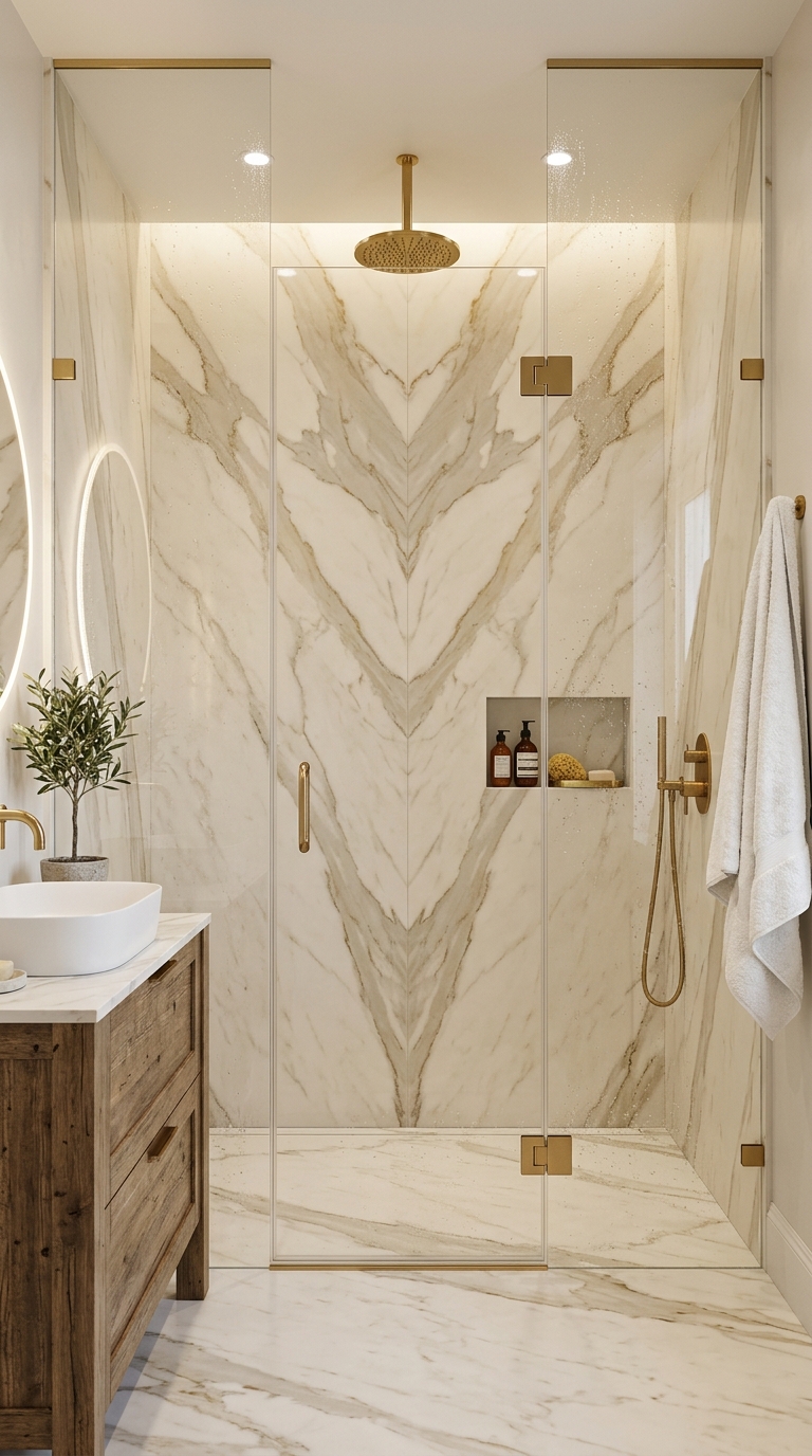 Marble-look porcelain slab covering full shower wall — no grout lines, seamless warm marble drama