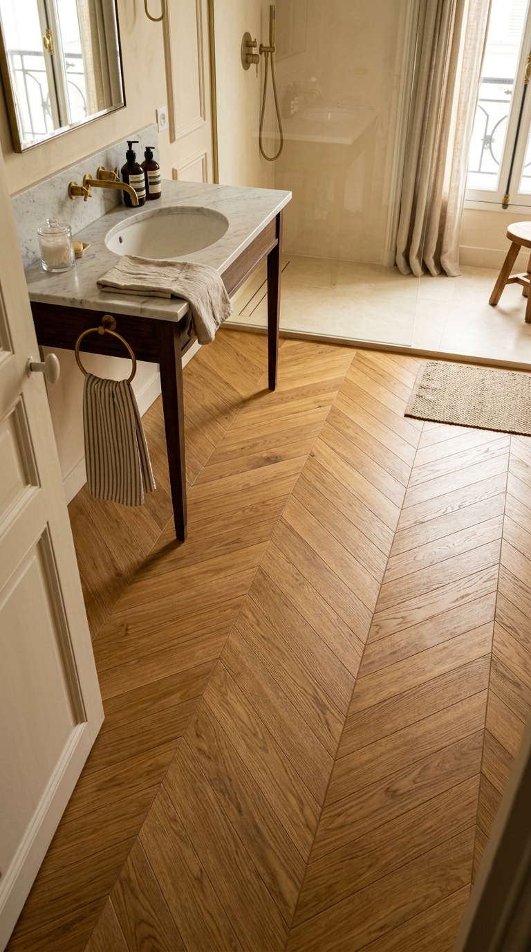 Oak wood-look chevron floor tiles — warm honey tones creating directional energy