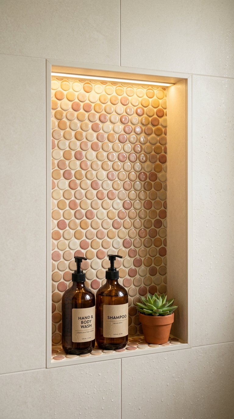 Penny round mosaics inside shower niche — warm cream circles creating curved jewellery detail