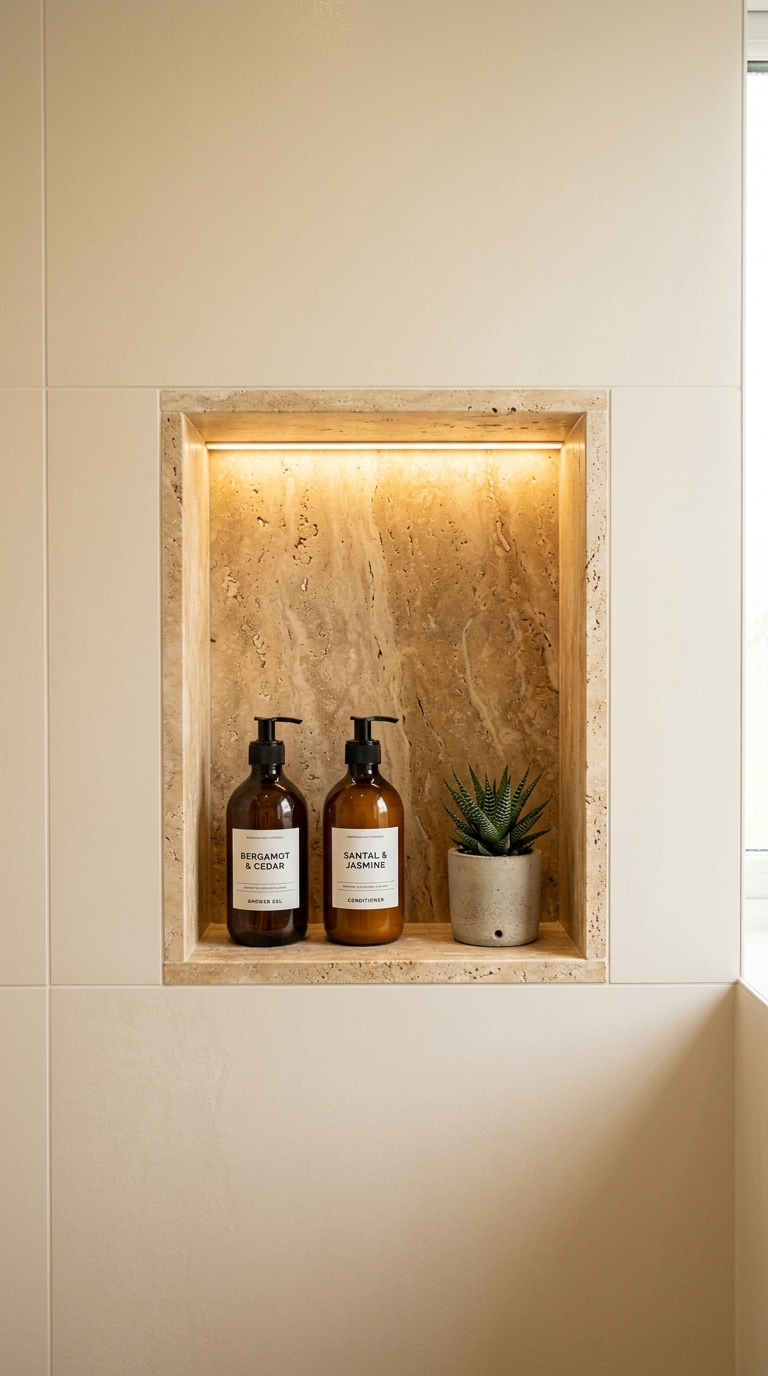 Travertine-look porcelain niche — warm beige veining complementing warm water and steam