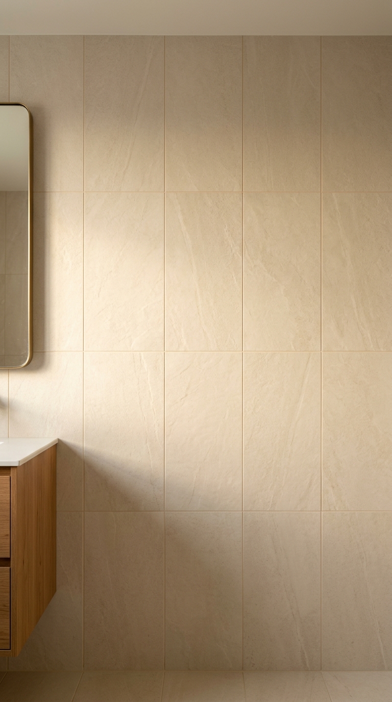 Vertical stack bond subway tiles — warm white creating clean vertical lift toward ceiling