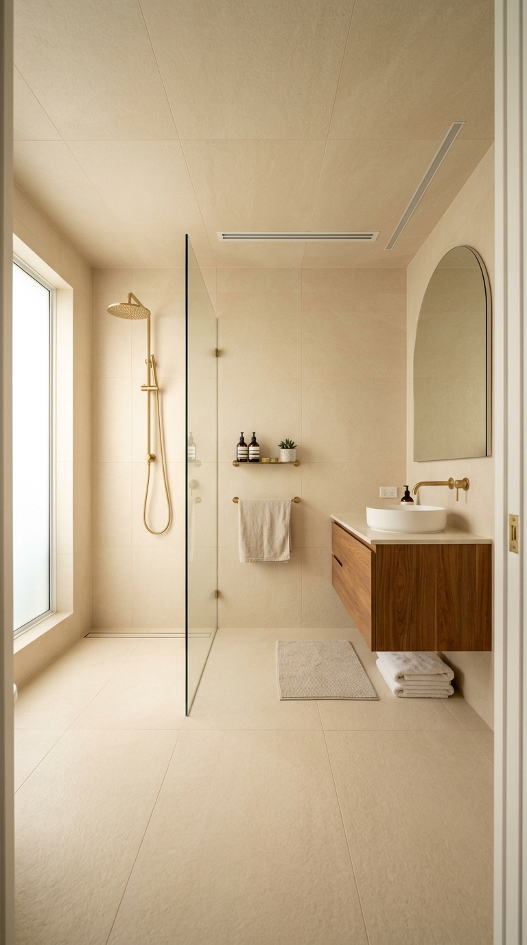 Warm ivory porcelain tiles — subtle tonal variation creating seamless warm envelope