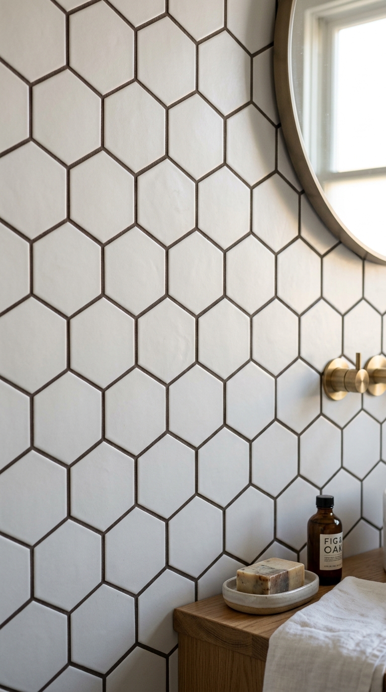 White hexagonal tiles with dark charcoal grout — high-contrast honeycomb graphic statement