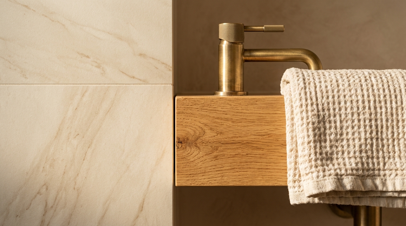 Warm bathroom materials — ivory tile, oak vanity, brass tap, linen towel