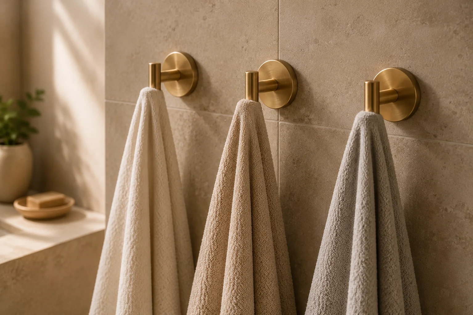 Three brushed brass round towel hooks on a warm beige tile wall, each holding a neatly draped towel in different neutral tones — cream, oatmeal, and soft grey — warm natural sidelight