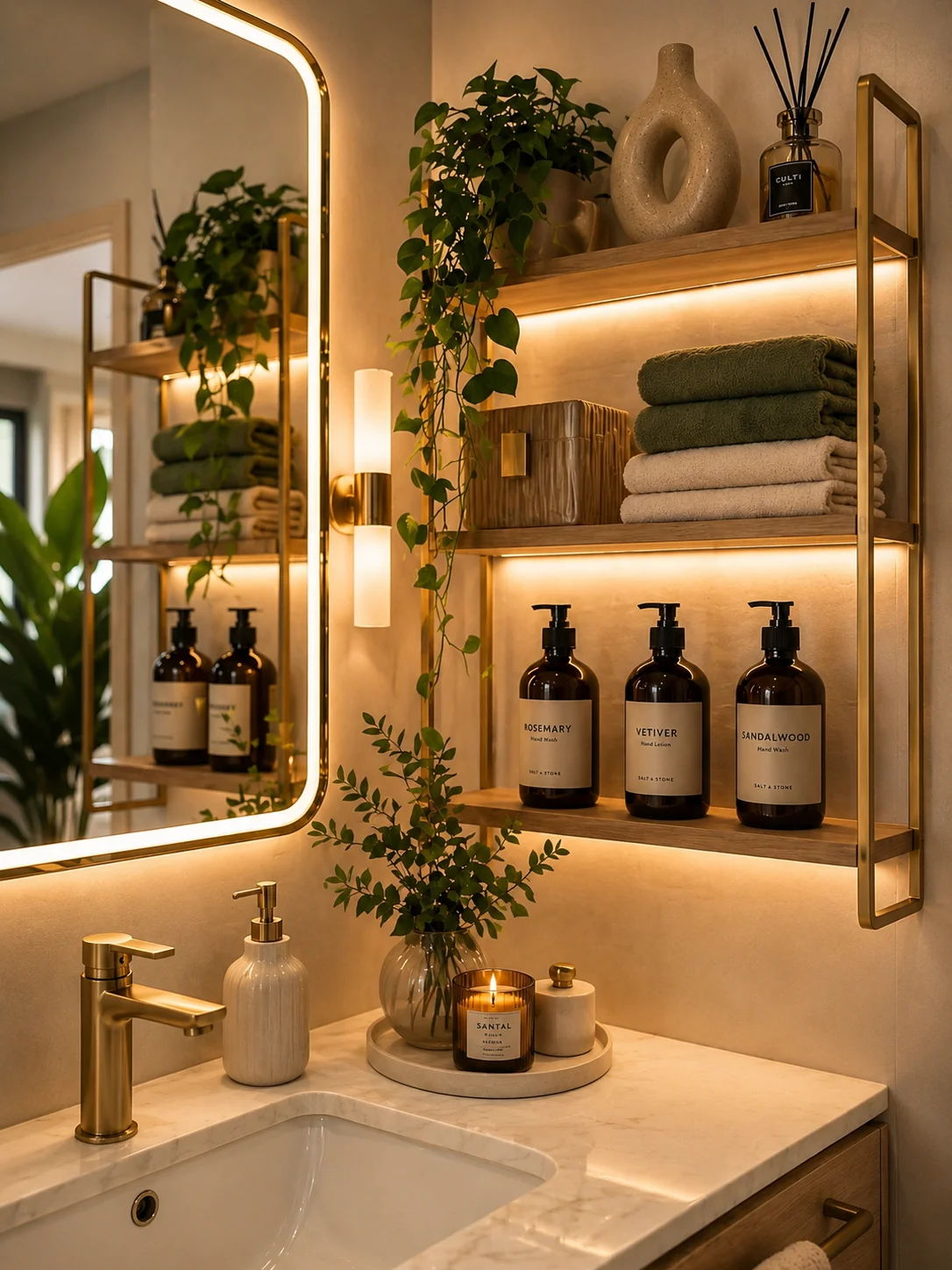 A brass-framed bathroom shelf unit with warm LED strip lighting on each tier, holding styled products, rolled green and white towels, trailing plants, and a backlit mirror reflecting the scene