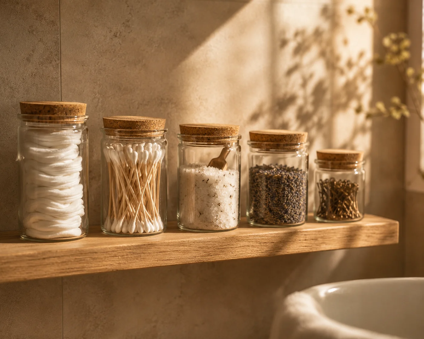 Five matching glass jars with cork lids lined up on a warm oak bathroom shelf, each filled with cotton rounds, cotton swabs, bath salts, dried lavender, and small accessories, warm golden sidelight
