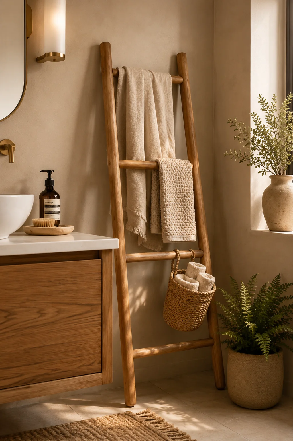 A natural wood ladder shelf leaning against a warm beige bathroom wall, with cream linen towels draped over the rungs and a woven basket hanging from a lower rung