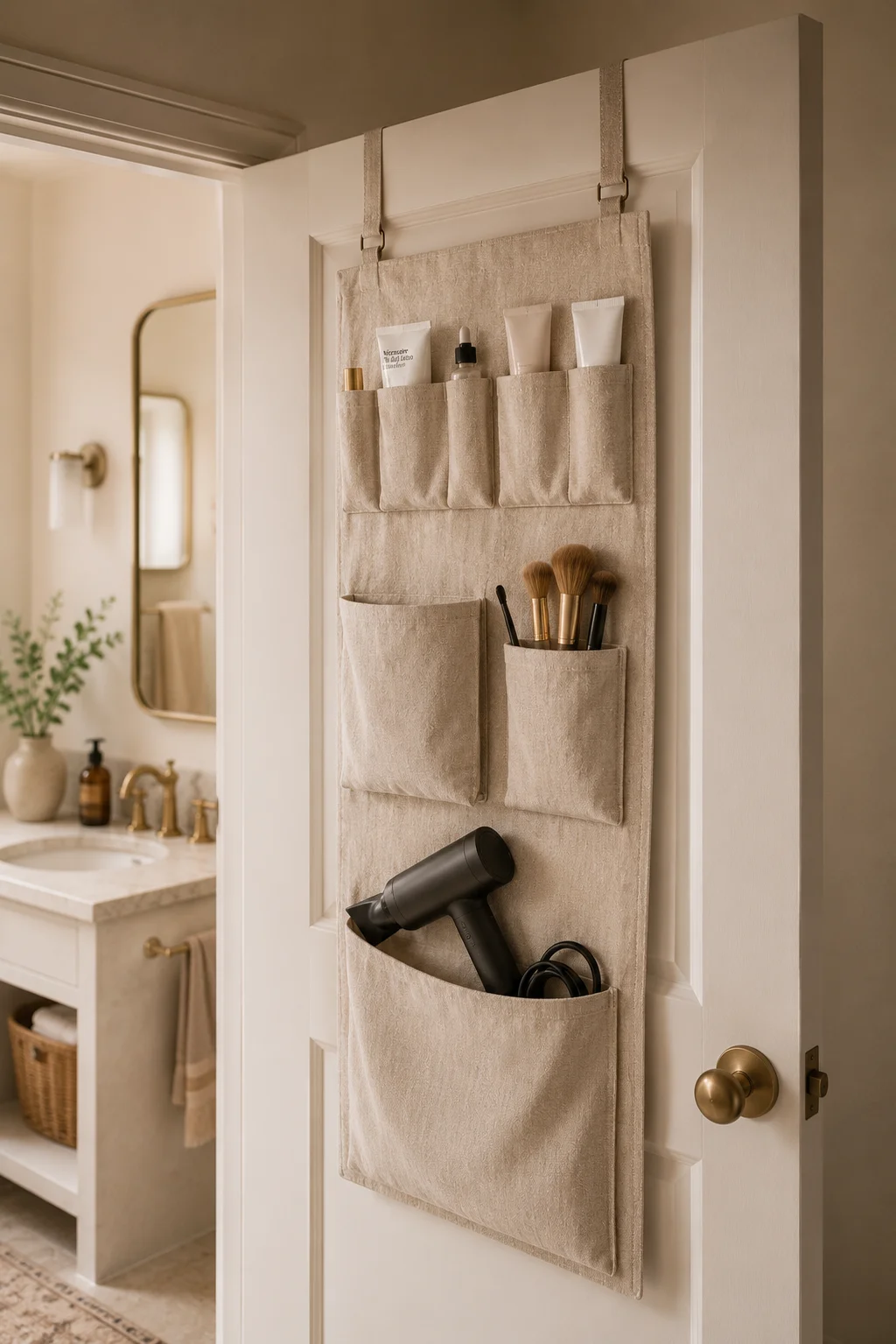 The inside of a bathroom door with a linen fabric over-door organizer with pockets, neatly holding a hair dryer, makeup brushes, skincare tubes, and small bottles, warm neutral bathroom visible through the open door