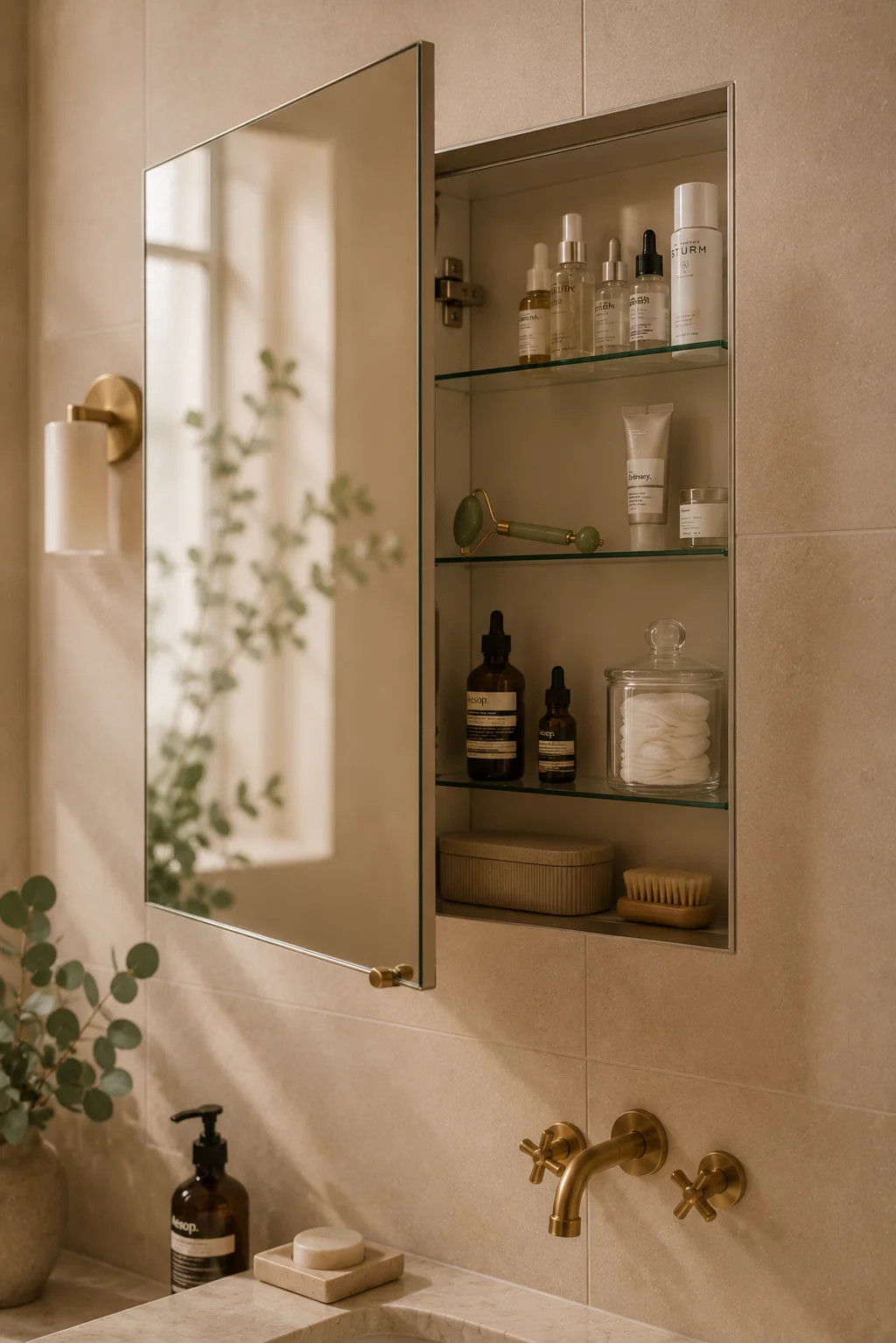 A recessed mirrored medicine cabinet open at 45 degrees, left side showing the clean mirror exterior, right side showing organized interior glass shelves with skincare serums, a jade roller, cotton rounds in a glass jar, and neatly stored items