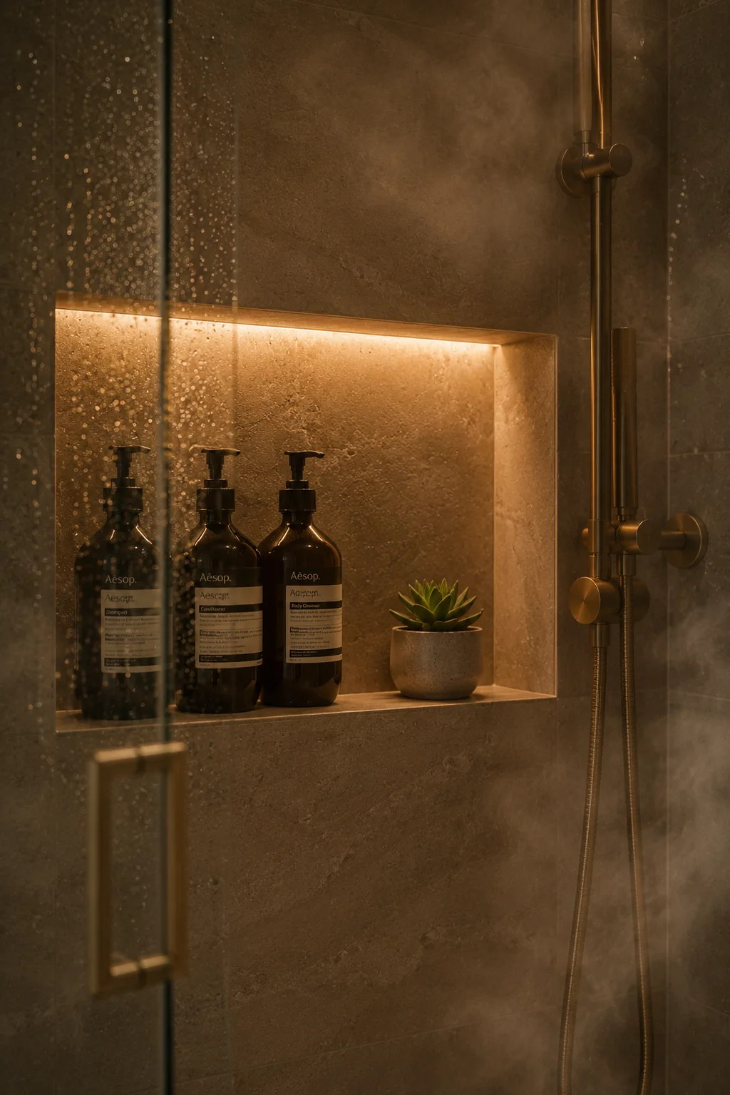 A recessed shower niche with a warm golden LED strip running along the top interior edge, holding three dark amber pump bottles and a small succulent in a concrete pot, brass shower rail visible to the right, steam atmosphere