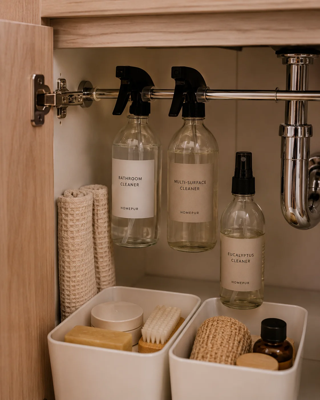 Inside an open under-sink bathroom cabinet with a chrome tension rod mounted horizontally, two glass spray bottles hanging upside down by their triggers with clean minimal labels, white storage bins below with accessories