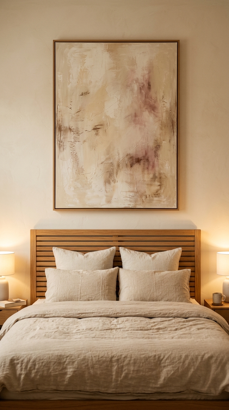 Large abstract artwork in warm ivory and sand above oak slatted headboard with evening lamp wash