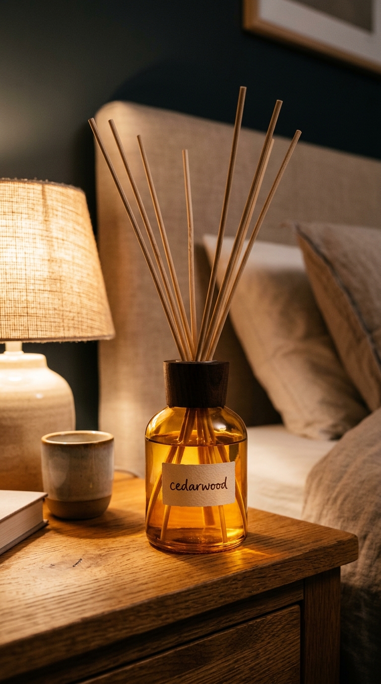 Amber glass reed diffuser with cedarwood label on warm oak bedside table in evening lamp light