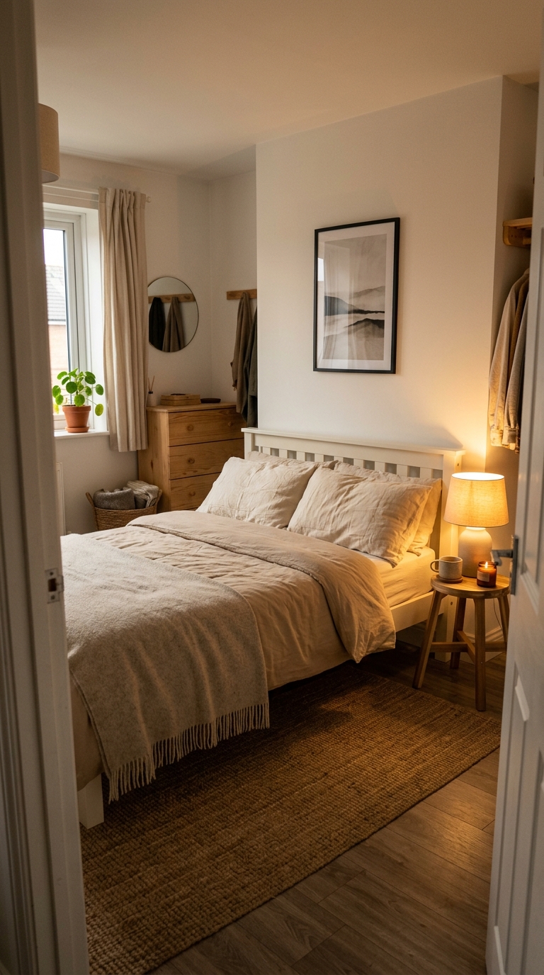 Achievable cozy bedroom with simple pine bed, charity shop throw, and warm lamp light