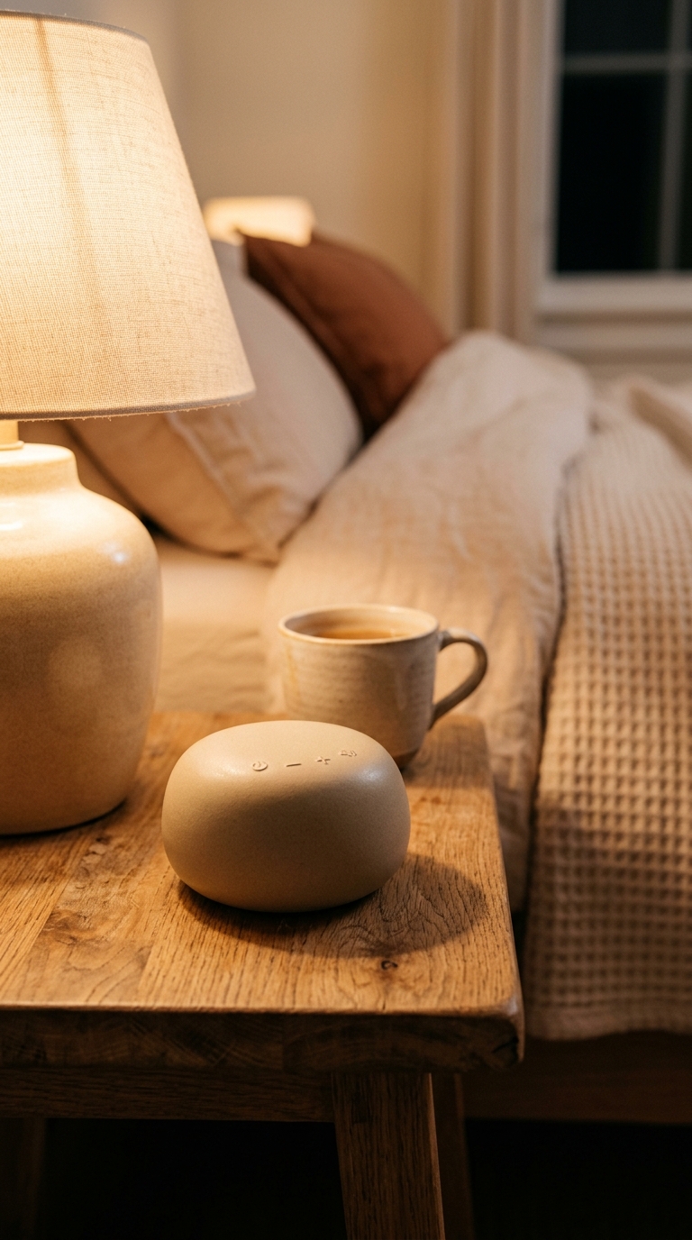 Smooth ceramic white noise device in warm sand glaze on bedside table beside lamp and cup