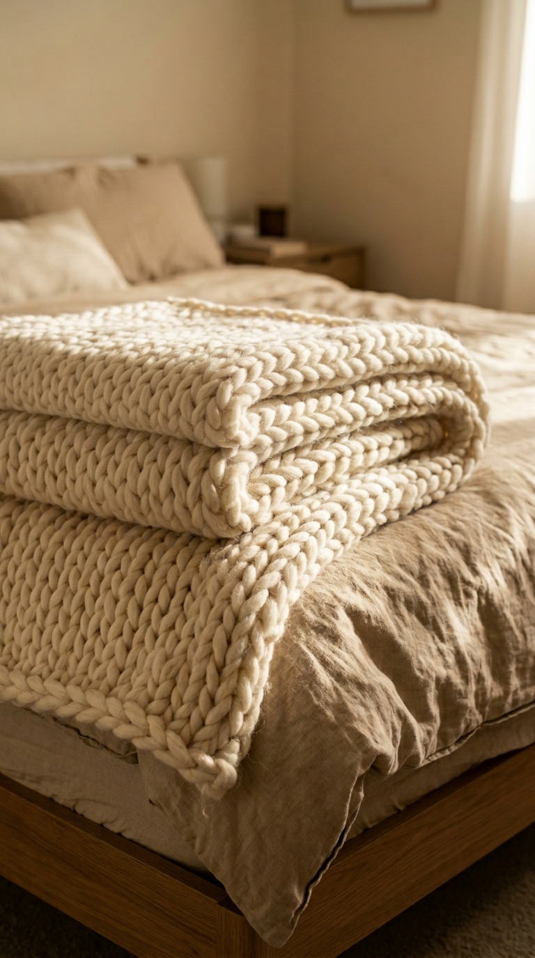 Chunky hand-knit throw in undyed cream wool at the foot of a linen-dressed bed