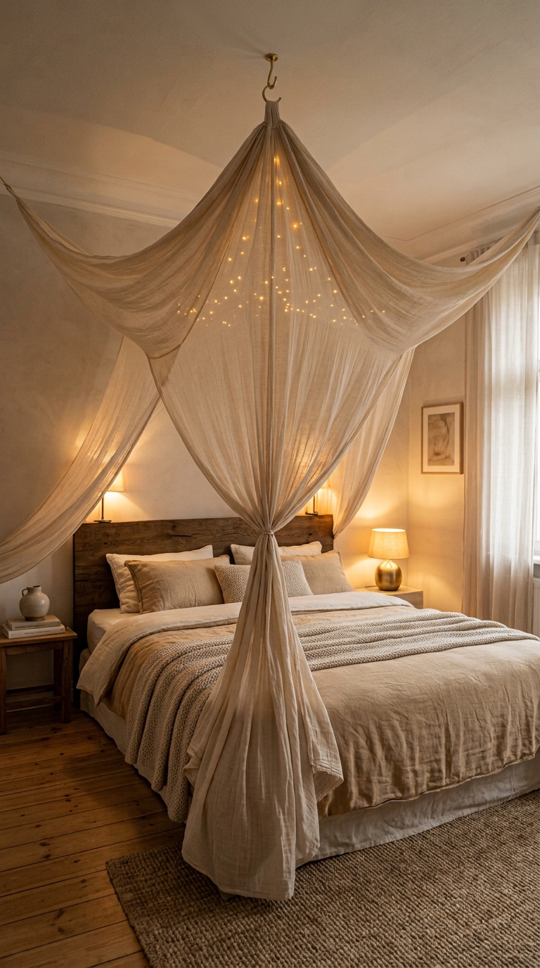 Natural cotton muslin canopy draped from ceiling hook flowing above a cozy linen bed
