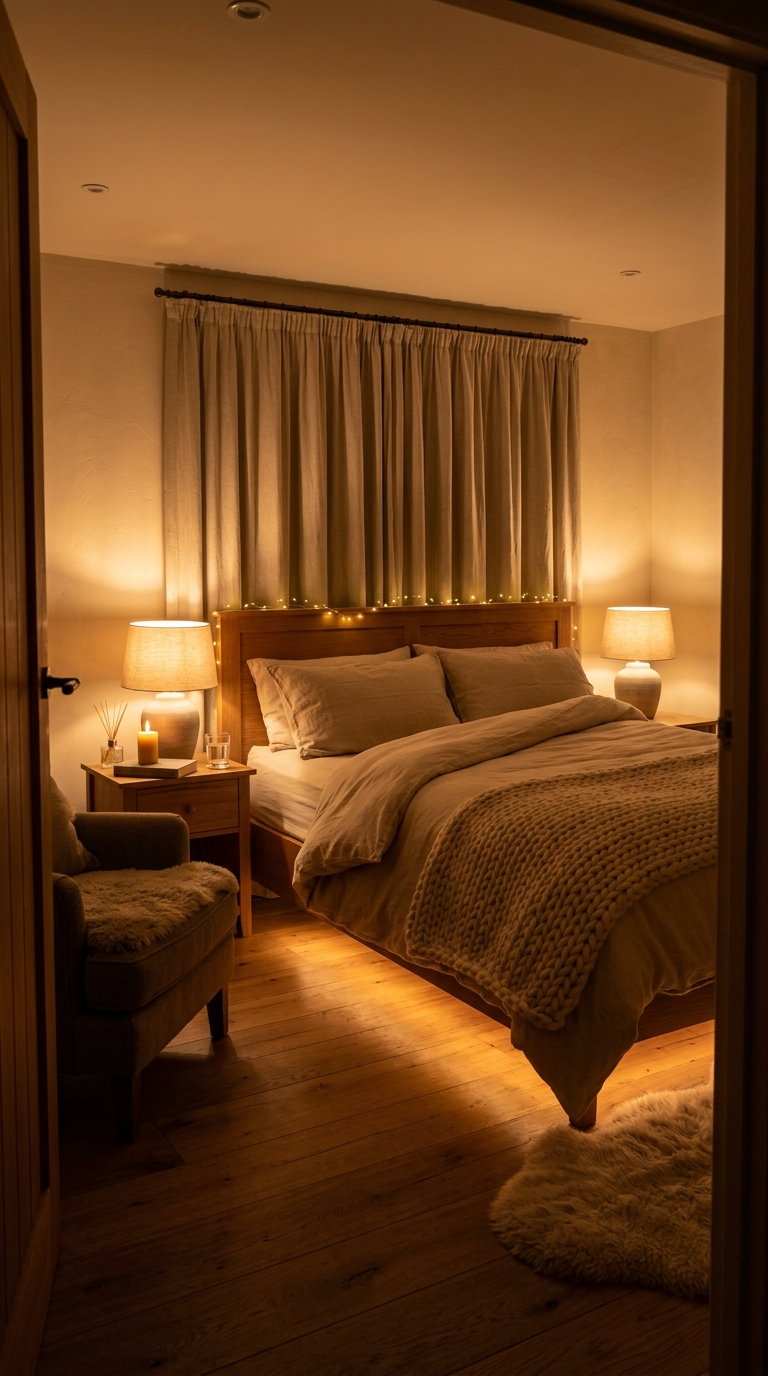 Washed linen sheets in warm natural tone with visible crinkle texture and golden morning sidelight
