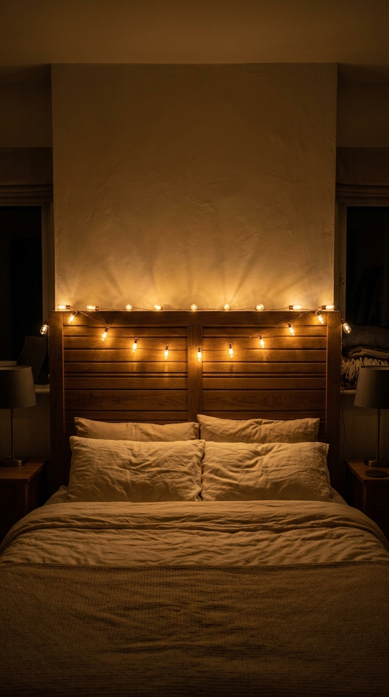 Warm fairy lights draped along oak headboard creating a gentle constellation above pillows