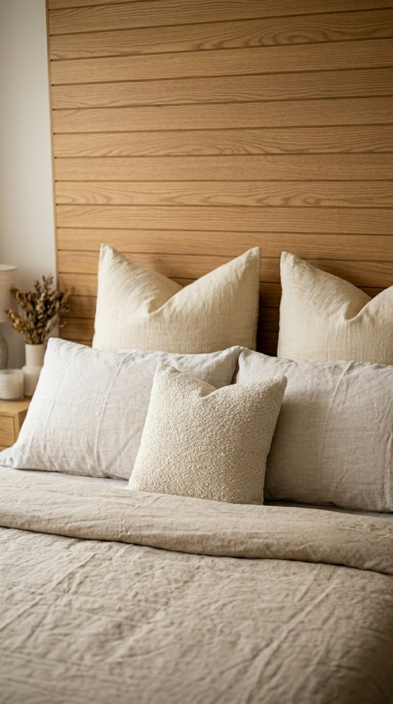 Four pillows arranged against warm oak slatted headboard — back pair firm, front pair soft