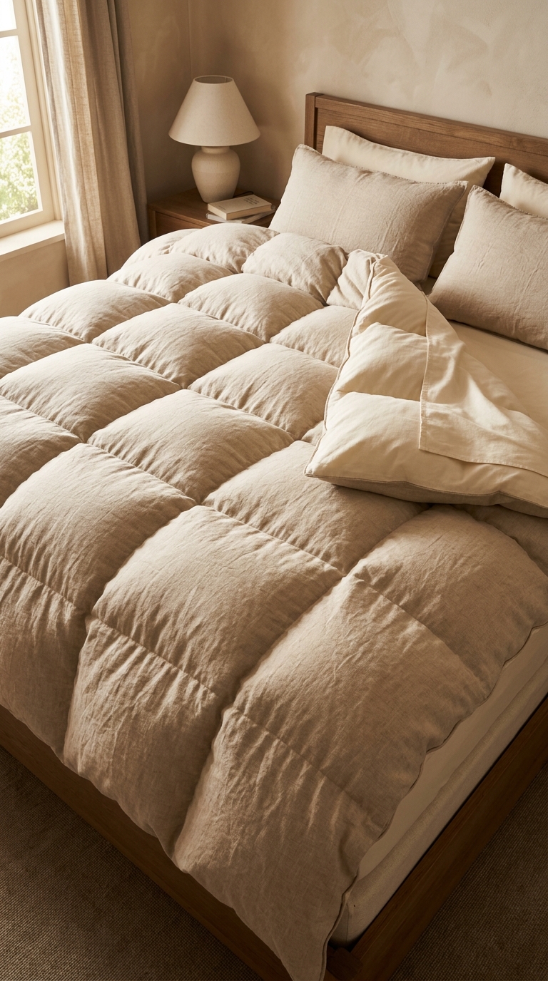 Lofty goose down duvet with natural loft and soft pillowy volumes in warm linen cover