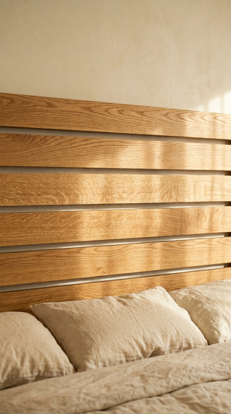 Solid warm oak slatted headboard close-up with visible grain and morning sidelight