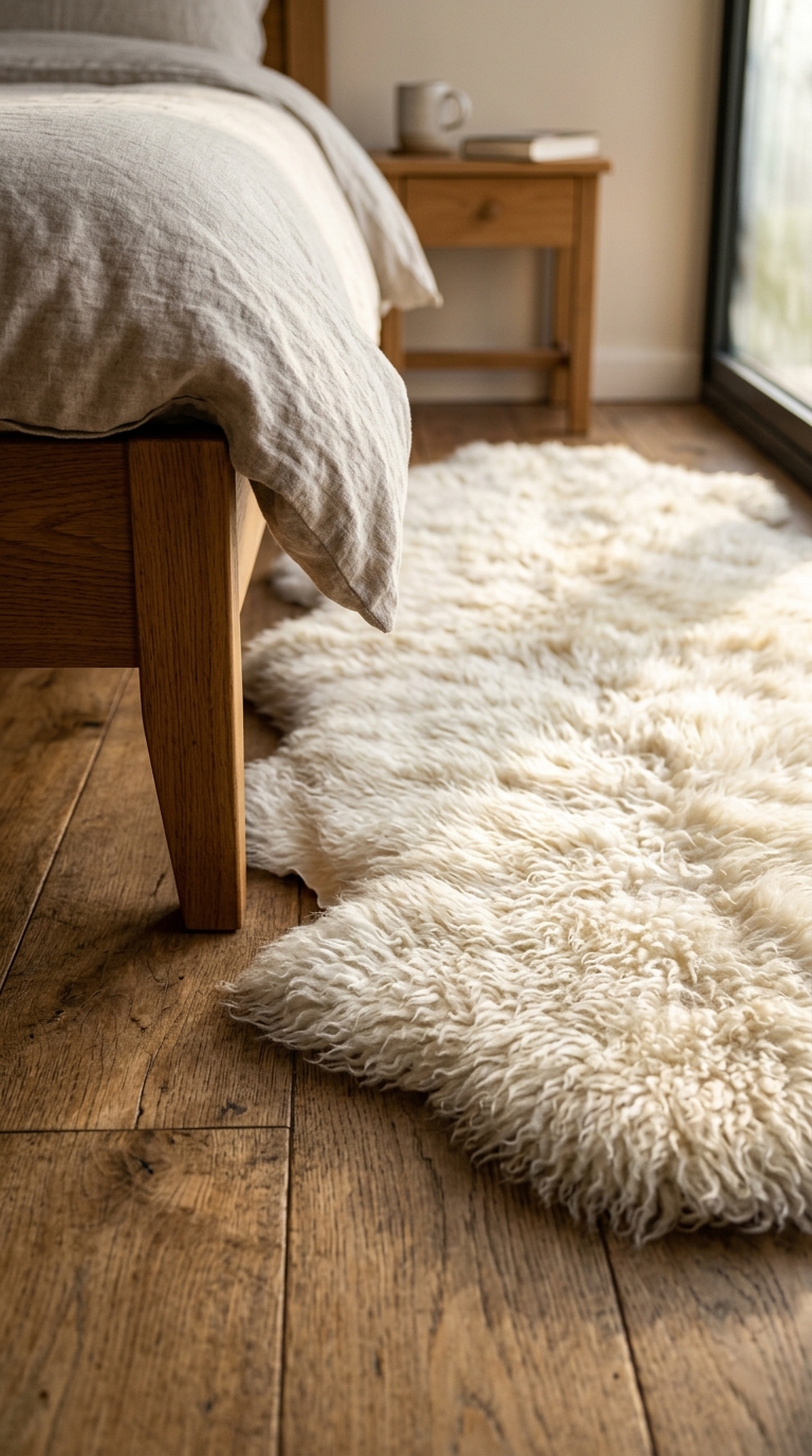 Genuine off-white Icelandic sheepskin rug beside warm oak bed with long soft wool fibers