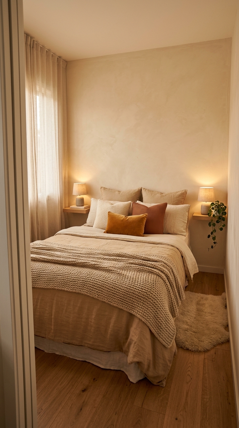 Compact bedroom transformed into cozy nest with queen bed filling the space and warm limewash walls