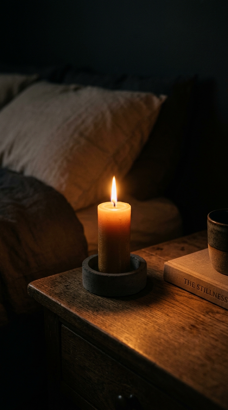 Clear warm oak bedside table with exactly three objects — lamp, ceramic cup, and one small stone