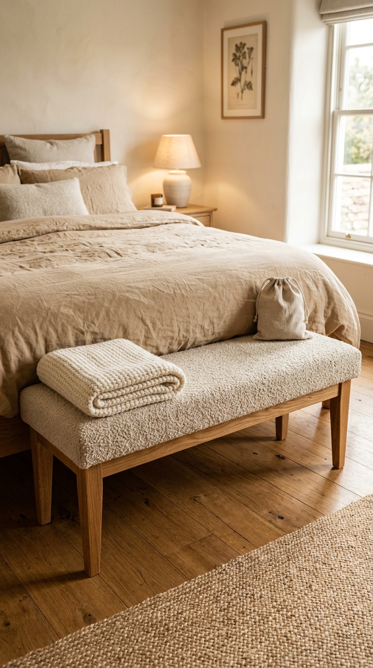 Upholstered bench in warm oak with bouclé seat and folded chunky knit throw at the foot of the bed