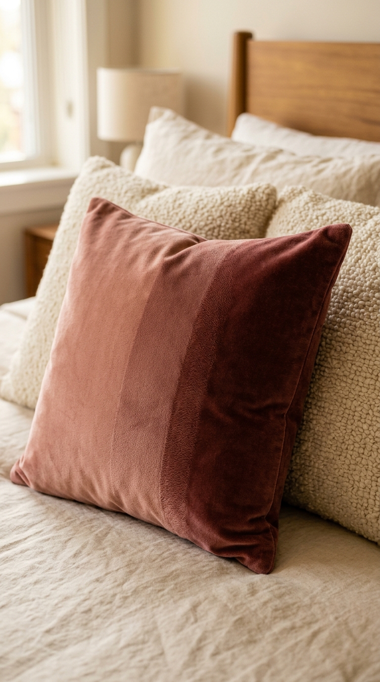 Dusty rose velvet cushion showing pile-direction light behaviour against linen and bouclé