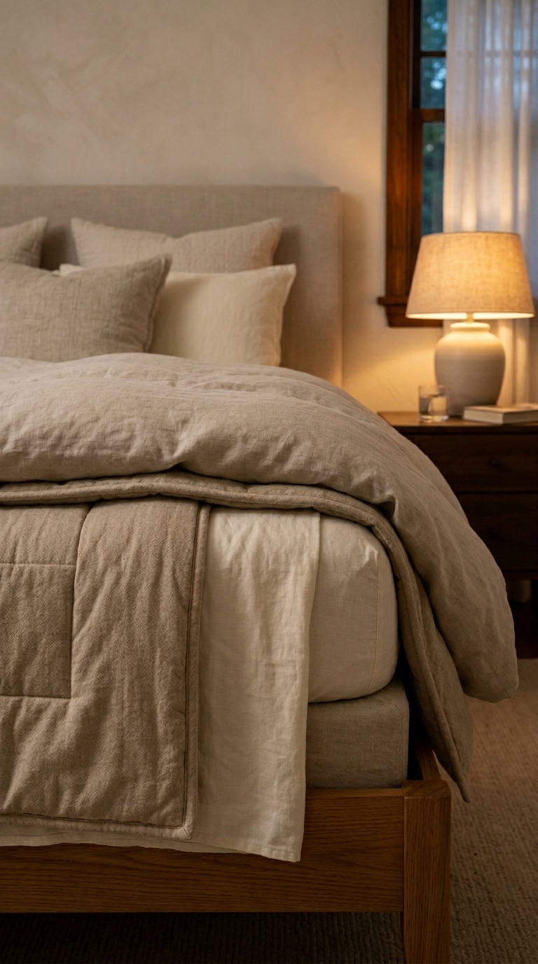 Weighted blanket visible as a distinct middle layer between flat sheet and duvet