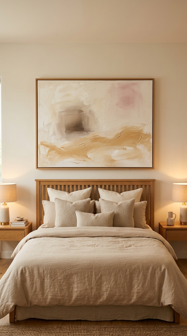 Large warm abstract painting in oak floater frame above neutral bed with visible palette knife texture