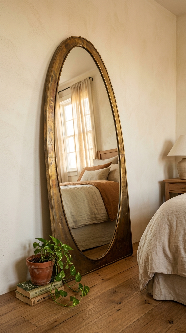 Large oval mirror in aged brass leaning against neutral wall — room reflected in glass