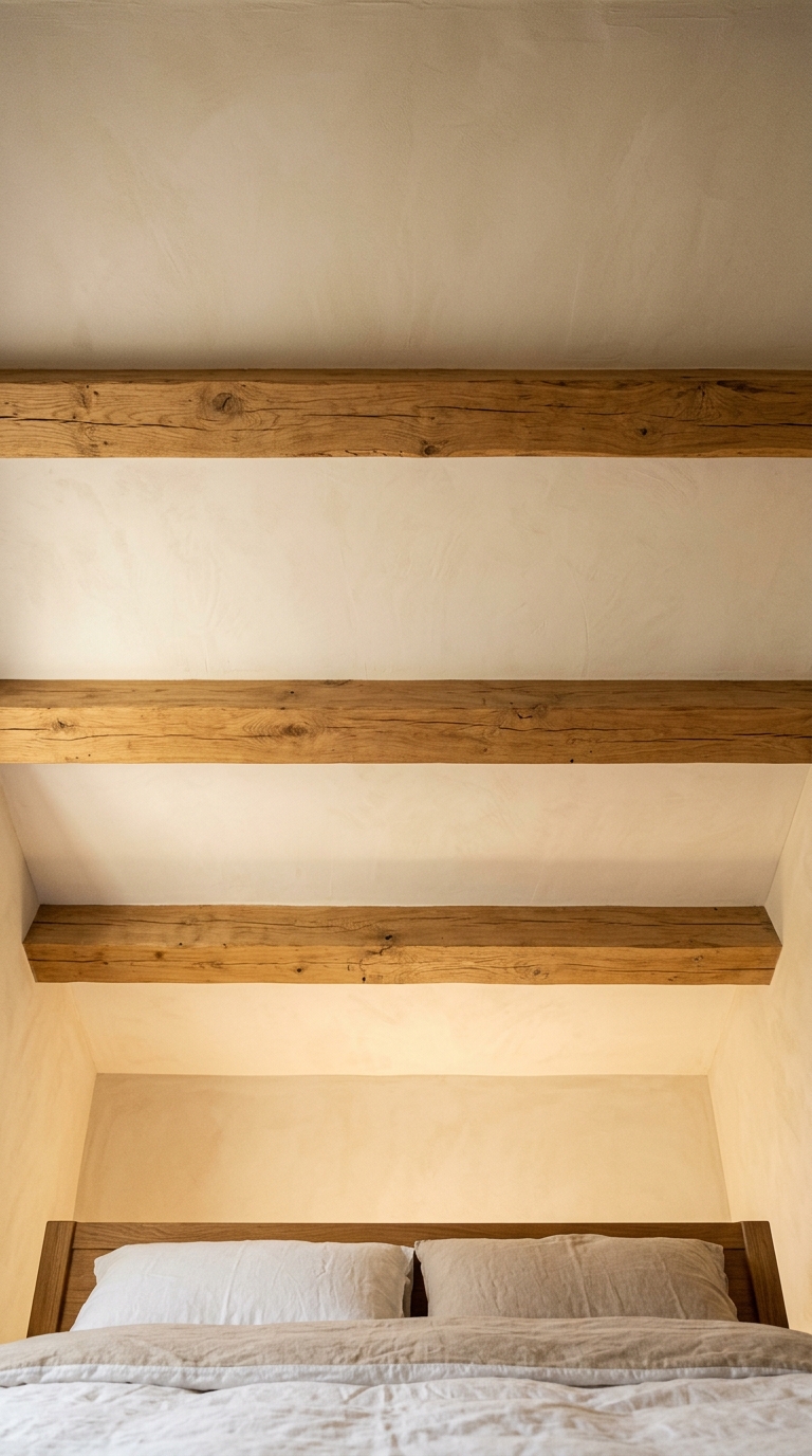 Ceiling with exposed warm oak beams viewed from bed — warm white plaster between beams