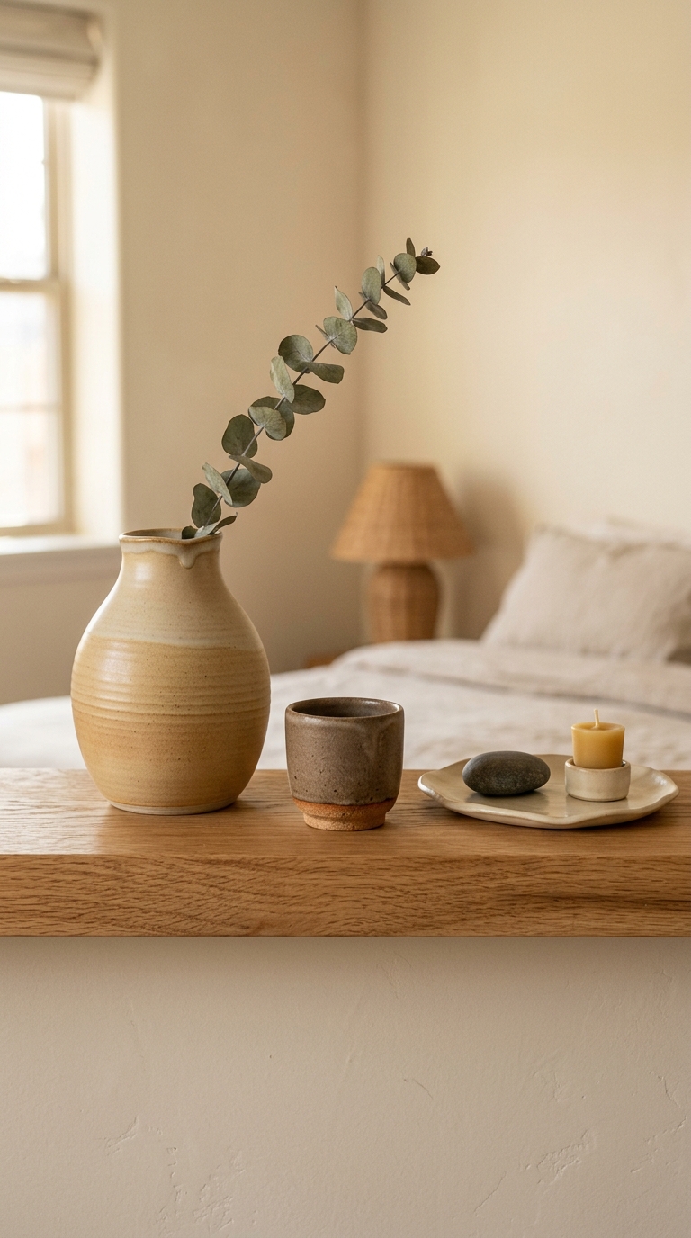 Ceramic lamp with linen shade glowing warm amber — throwing marks visible on ceramic base