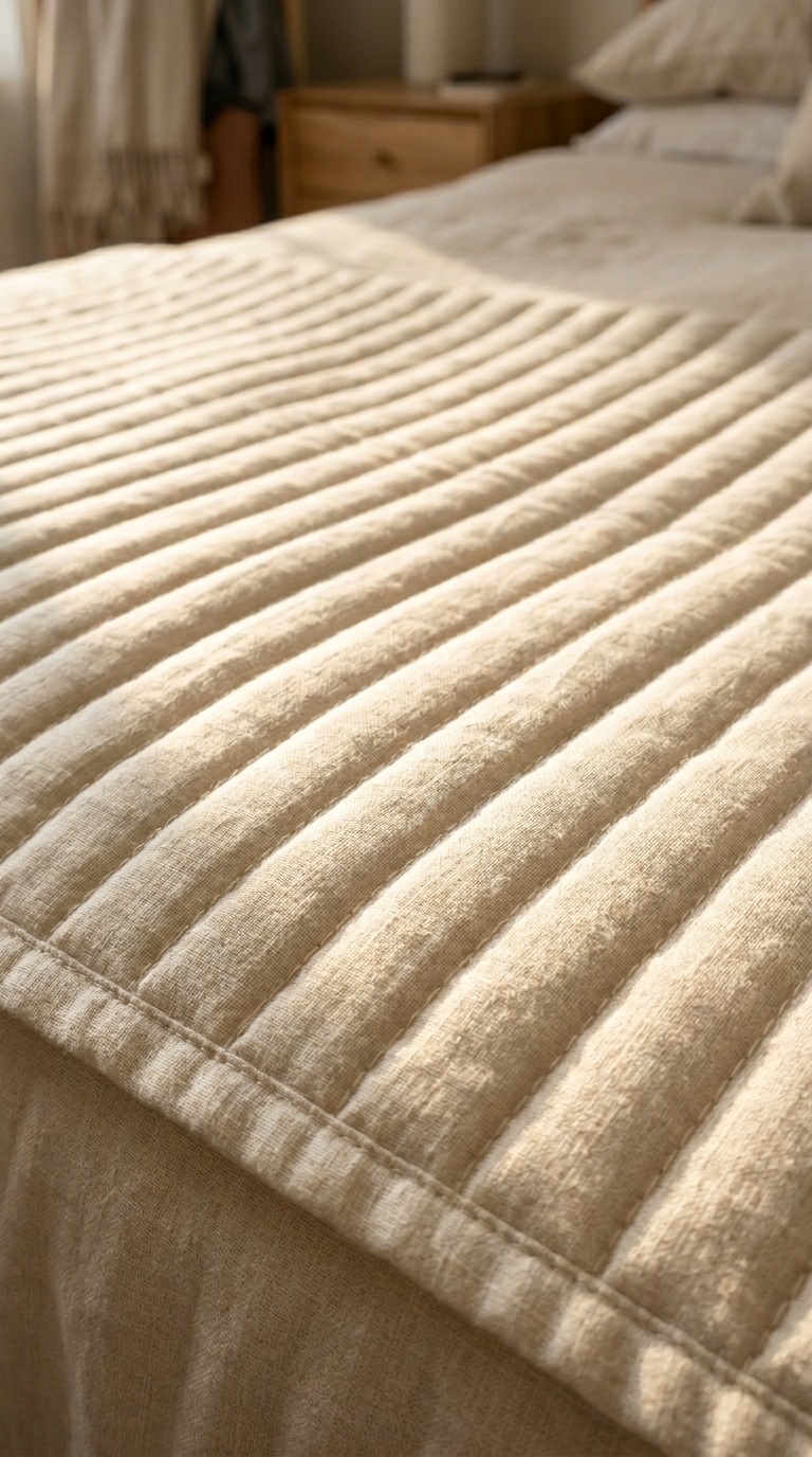 Channel-stitched linen bedspread macro showing raised ribs and warm directional light interaction
