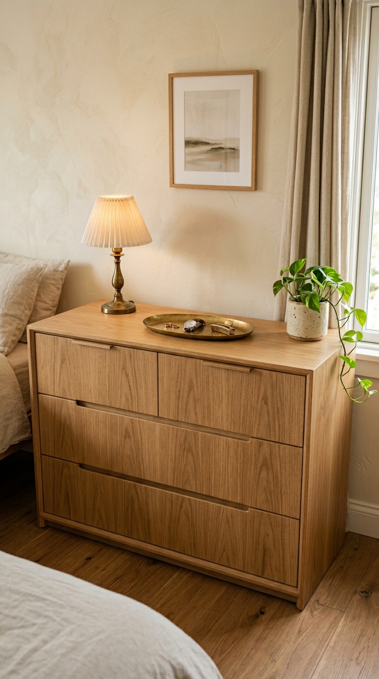 Clean-face oak dresser with clear top — brass lamp, tray, and trailing pothos