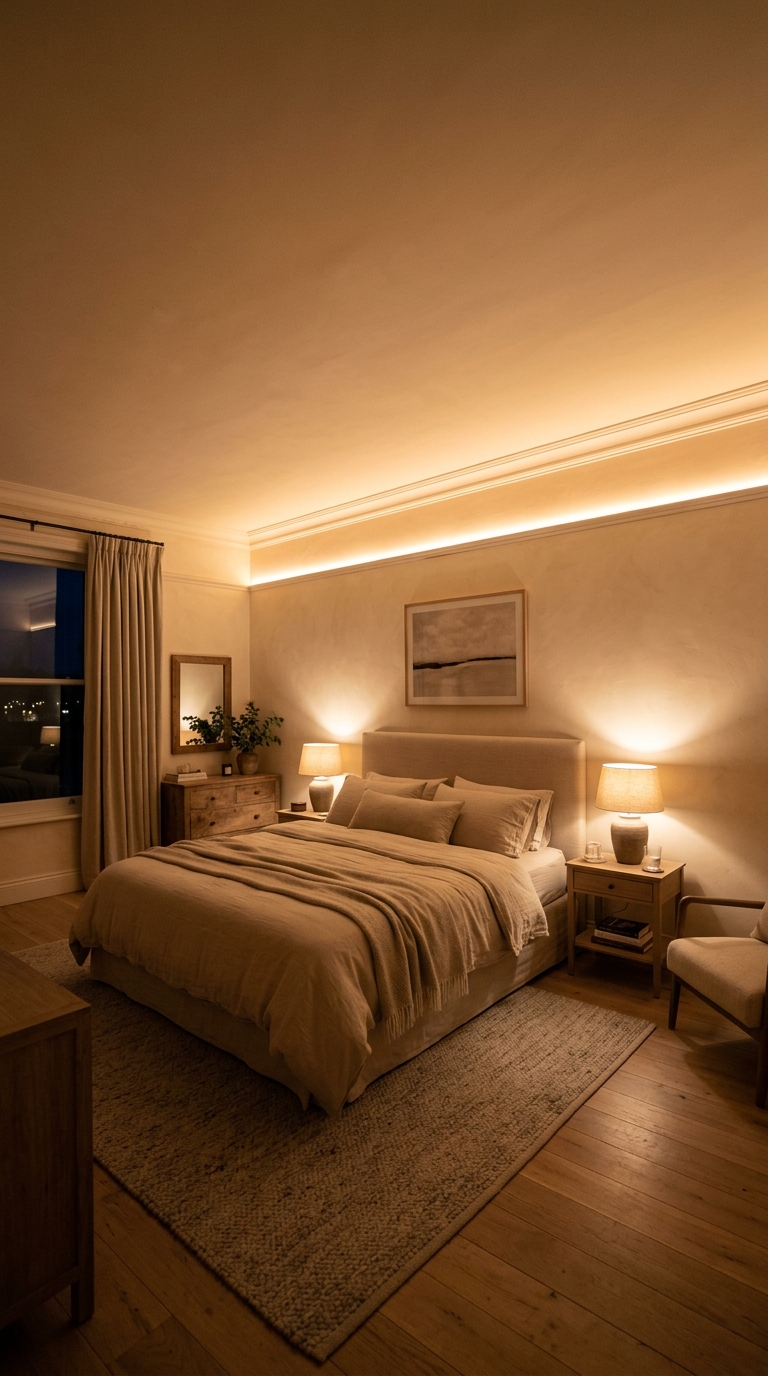 Cove lighting behind ceiling cornice creating warm ambient glow across neutral bedroom ceiling