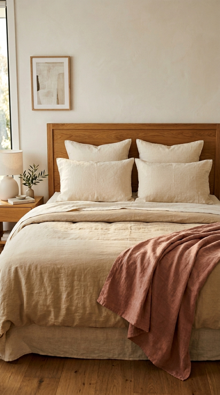 Dusty rose cushion and throw on neutral bed — two accent points creating subtle colour thread