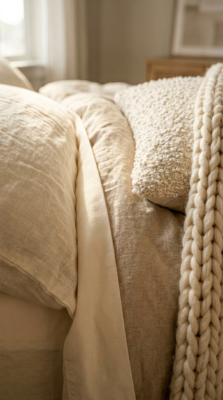 Five textures macro — linen, sateen, linen duvet, bouclé, chunky knit on a single bed surface