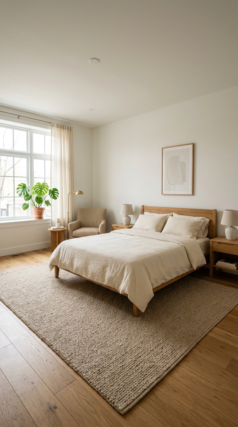 Complete neutral bedroom showing all four palette tones — warm white walls, cream bedding, sand rug, oak floor
