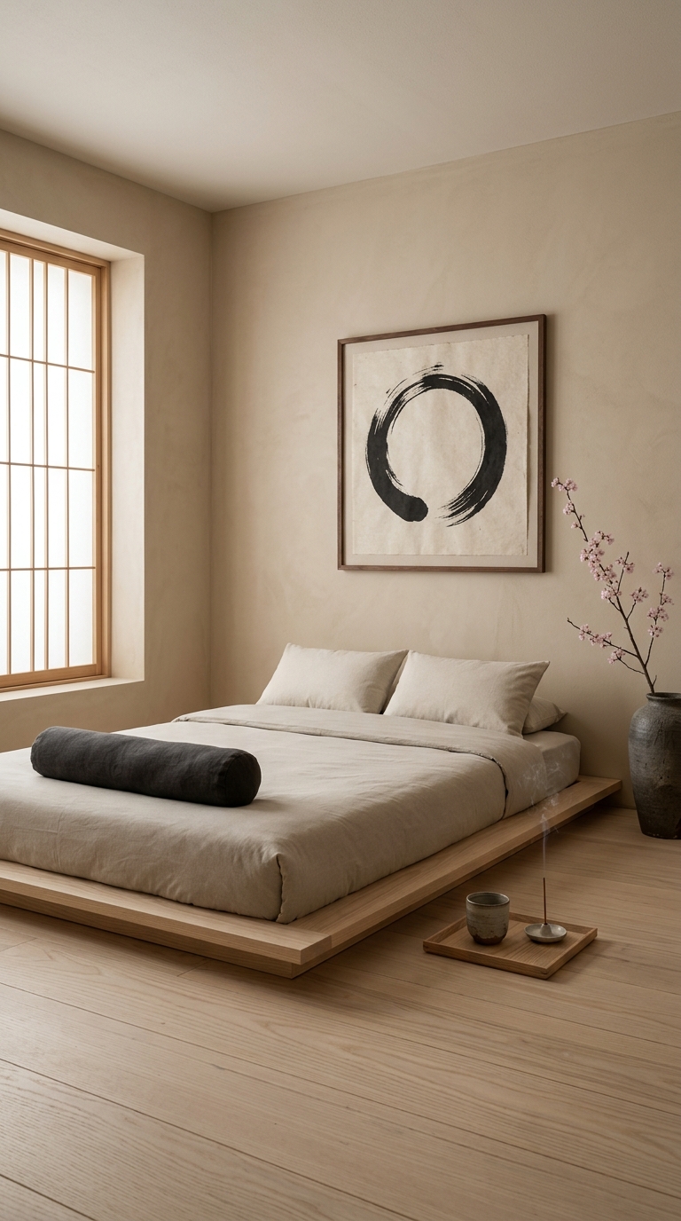 Japandi neutral bedroom — low pale ash bed, kinari cotton, enso circle, rough stoneware, shoji screen