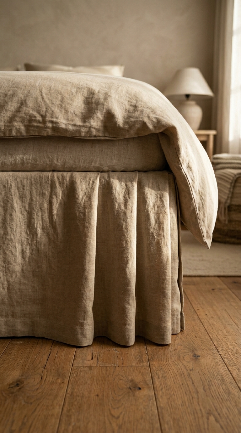 Linen bedskirt in warm sand hanging from bed base to floor in natural vertical folds