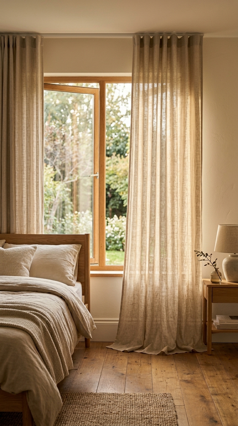 Natural linen curtains catching a gentle breeze in a neutral bedroom with warm backlight