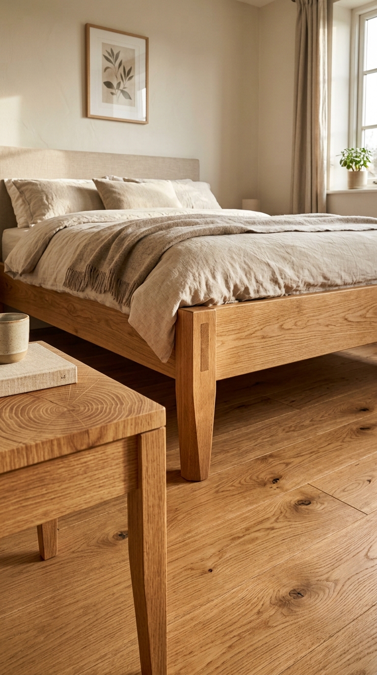 Warm oak at four scales — bedside table, bed frame, floor planks, picture frame — grain detail