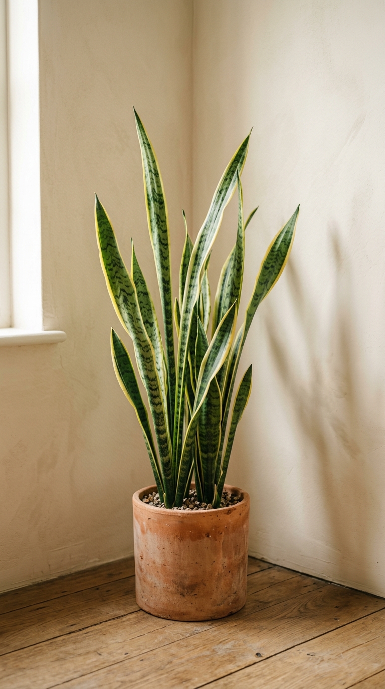 Snake plant in warm terracotta pot in neutral bedroom corner with afternoon sidelight