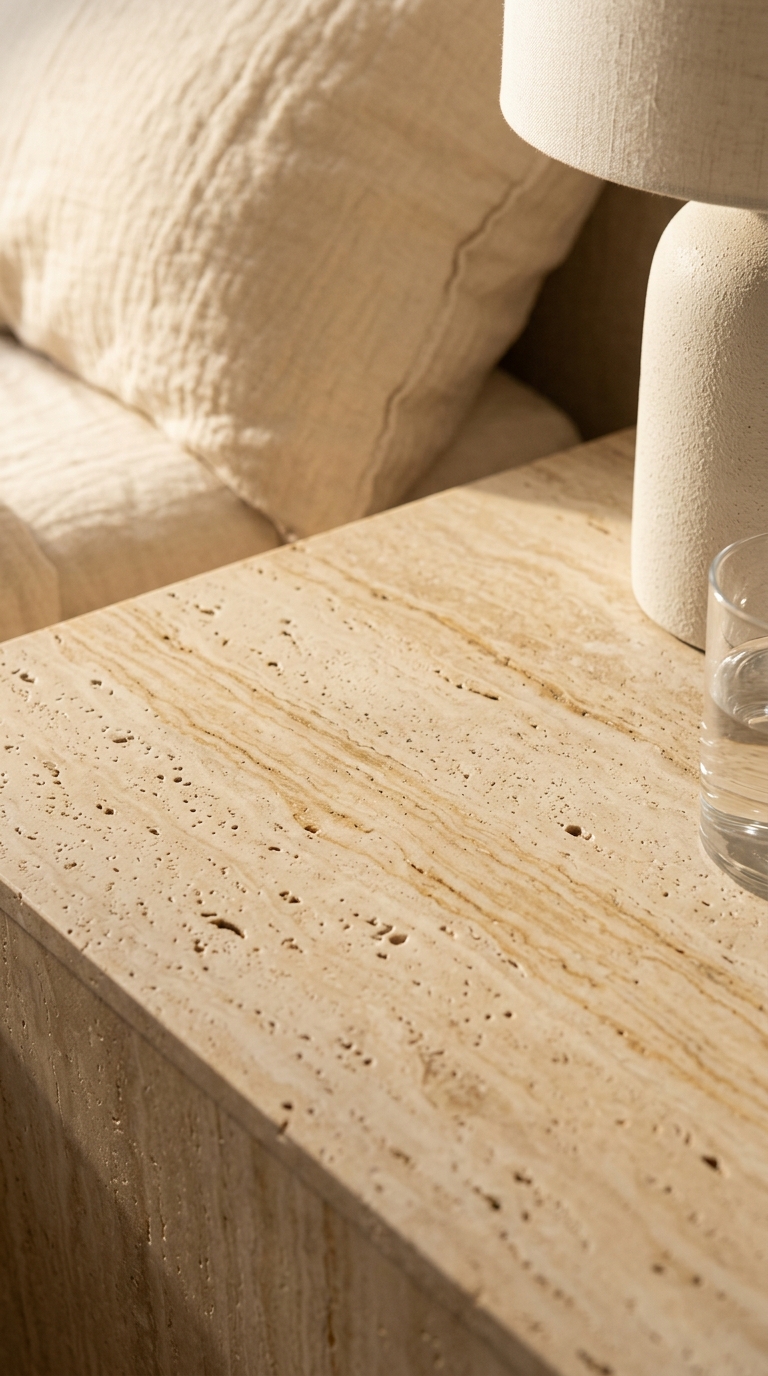 Honed travertine bedside table surface with natural veining and warm morning sidelight