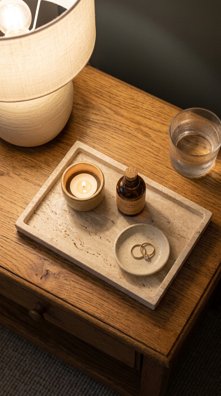 Travertine bedside tray overhead — candle, pillow mist, ring dish in warm evening light